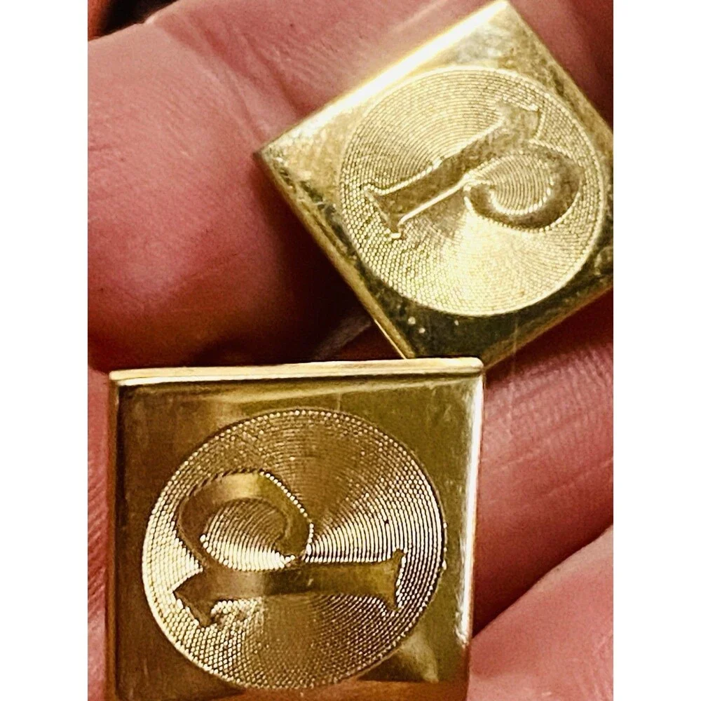 Vintage Initial P Monogram Cufflinks Gold Tone Engine Turned Square Bullet Back